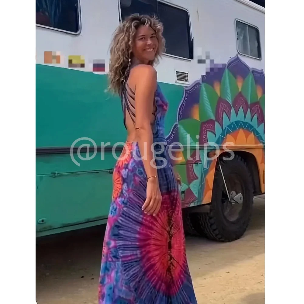 Criss Cross Open Back Tie Dye Multicolor Maxi Dress - Picture 3 of 8
